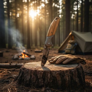 Engraved Eagle Folding Knife with Olive Wood Handle – Handmade Pocket Knife for Men, Wildlife Art Gift, Hunting and Camping Accessory