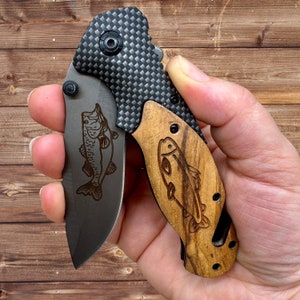 Engravable Olive Wood Pocket Knife: Fish Design, Gift for Fisherman