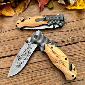 Engravable Olive Wood Pocket Knife: Fisherman Gift