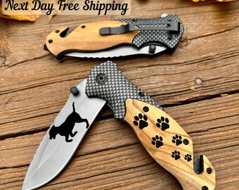 Navaja de bolsillo de madera de olivo personalizada: regalo grabado para amantes de las mascotas