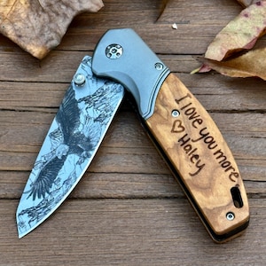 Engraved Pocket Knife, Eagle Engraved Knife, Personalized Tactical Knife, Gift for Men, Folding Knife, Christmas Gift, Valentines Gift