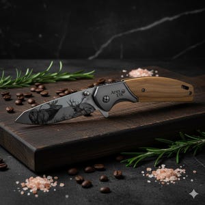 May include: A folding pocket knife with a wooden handle and a stainless steel blade. The blade features an etched design of elk. The knife is labelled "Ares Elk". The knife is displayed on a wooden cutting board.