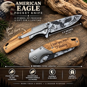 May include: Two pocket knives with wooden handles and metal bolsters. One knife is open, showing a 3.5-inch blade with an eagle engraving. The other is closed, featuring the engraved text 'I love you more Haley'. Total length is 8 inches.