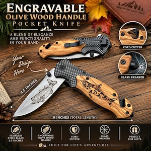 May include: A pocket knife with an olive wood handle and a carbon fibre bolster. The stainless steel blade features a fish engraving and is marked 3.5 inches, with an 8-inch total length. It includes a cord cutter and a glass breaker feature.