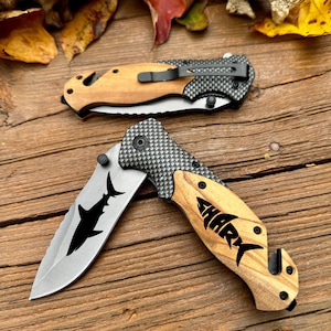 Shark Engraved Folding Knife: Olive Wood Handle, Fisherman Gift