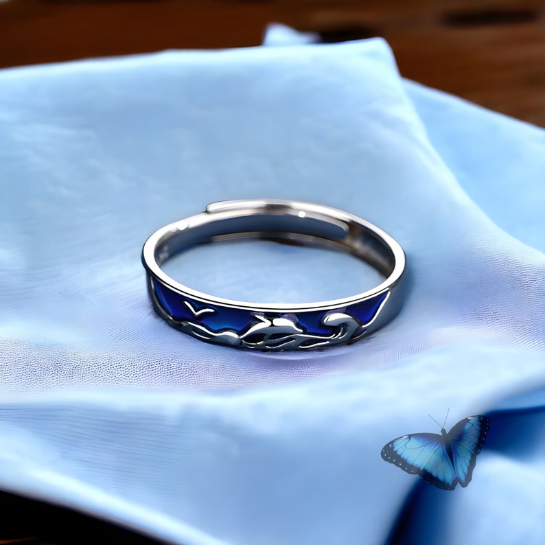 Temperatuur veranderende ring, dolfijnontwerp, stemmingsring, paar sieraden, verstelbare ring, oceaanthema, zeering, cadeau voor haar Dolphin Female