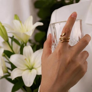 May include: A gold-toned metal ring shaped like a coiled snake, featuring a textured scale pattern on the upper band and a smooth, open-ended design that wraps around the finger, showcasing a detailed head and a slender tail.