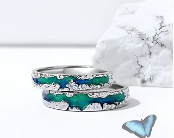 Verstelbare zilveren koppelring met modern gegraveerd groen kunstmotief, sieraden voor koppels, moderne en minimalistische sieraden