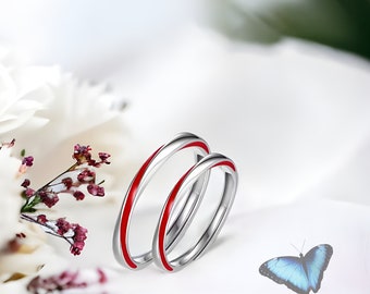 Anello regolabile in argento con striscia rossa, gioiello per coppie, design delicato e minimalista, regalo per lei, gioiello estivo