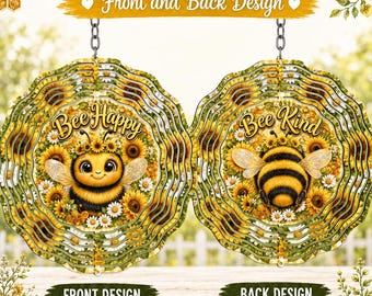 Sonnenblumen- und Bienen-Windspiel (PNG), doppelseitig, Herbst-Windspiel, florales PNG, Herbst-Sublimations-PNG, „Biene glücklich, Bienenfreundin“ (Digitaler Download)