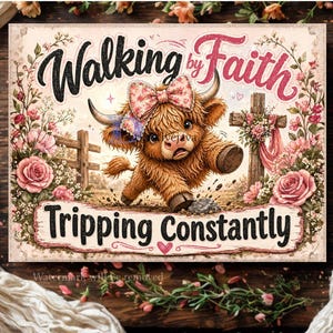 May include: A decorative sign with a whimsical illustration of a Highland cow tripping. The sign features the text "Walking by Faith" and "Tripping Constantly" in a playful font, surrounded by floral accents.