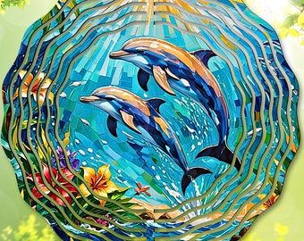 Molinillo de viento con delfines PNG, descarga digital tropical, plantilla de molinillo de jardín con efecto vidriera, sublimación oceánica PNG, decoración de jardín, regalo DIY