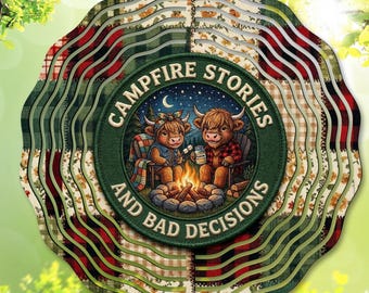 Molinillo de viento para acampar PNG Historias de fogata y malas decisiones Bordado falso Sublimación de campamento Vaca de las Tierras Altas Decoración de jardín Descarga digital