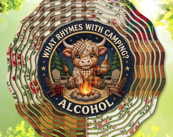 Highland Cow Wind Spinner PNG, What Rhymes with Camping Alcohol, Faux Embroidered Camping Sublimation, Rustic Campsite Garden Decor Download