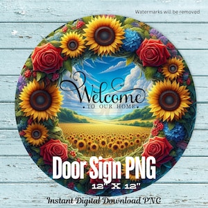 Sunflower Field Welcome to Our Home Sign PNG, Round Door Hanger Sublimation Design, Farmhouse Floral Porch and Entry Decor, Digital Download
