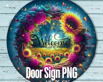 Sunflower Welcome Door Sign PNG, Floral Front Door Round Sign Sublimation Design Welcome to Our Home Digital Download, Farmhouse Entry Decor