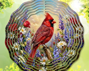 Cardinal Wind Spinner PNG, Floral Garden Sublimation Design, Spring Bird Spinner Template, Robin Yard Decor, Wildflower, Digital Download