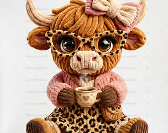 Faux Crochet Highland Cow PNG Chunky Yarn Leopard Cow PNG Coffee Cup Cow Sublimation Design Thick Yarn Cow Clipart Download DIY Coffee Gift