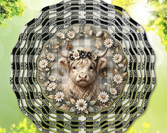 Highland Cow PNG / Wind Spinner PNG / Gingham png / Sublimation Design / Garden Spinner / DIY Gift / Yard Decor / Farmhouse Digital Download