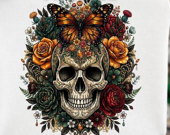 Butterfly Skull PNG, Skeleton Sublimation Shirt Designs, Dark Gothic Romance, Gothic Floral, Vintage Tattoo Style, Floral Digital Download