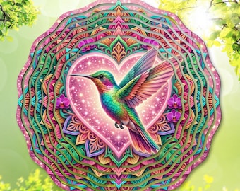 3d Hummingbird Wind Spinner PNG, Colorful Garden Sublimation Design, Heart Mandala Garden Spinner Template, Yard Decor, Digital Download