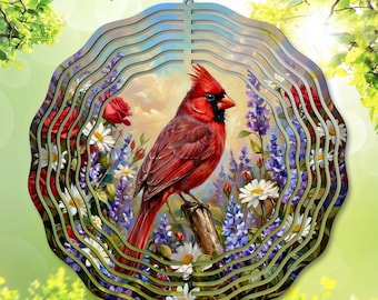 Cardinal Wind Spinner PNG, Floral Garden Sublimation Design, Spring Bird Spinner Template, Robin Yard Decor, Wildflower, Digital Download