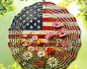 American Flag Wind Spinner PNG, 4th of July & Vintage Floral Sublimation Design, Fourth of July Garden Spinner Template, Digital Download