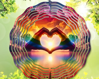 Gay Pride Wind Spinner PNG, LGBTQ+ Garden Spinner Template, Rainbow Sublimation Design, DIY Gift, Yard Decor, Hand heart (Digital Download)