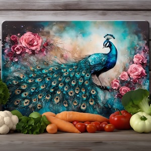 Planche à découper sublimation aquarelle paon téléchargement PNG | Cadeau DIY pour maman | Tailles 15,5 x 11,25 et 11 x 7,9, belle décoration florale de cuisine DIY
