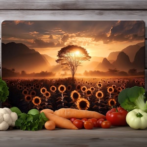 Champ de tournesols au coucher du soleil Sublimation planche à découper PNG, cadeau DIY pour maman, tailles 15,5 x 11,25 et 11 x 7,9, belle décoration florale de cuisine DIY