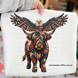 Patriotic Patchwork Highland Cow PNG with Bald Eagle Faux Embroidery American Flag Sublimation Western Farm Animal Clipart Digital Download