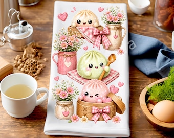 Squishy Dumpling Tea Towel PNG, Kawaii Food Sublimation Design, Sparkly Dumpling Kitchen Decor, Trendy Food Dish Towel Png, Digital Download