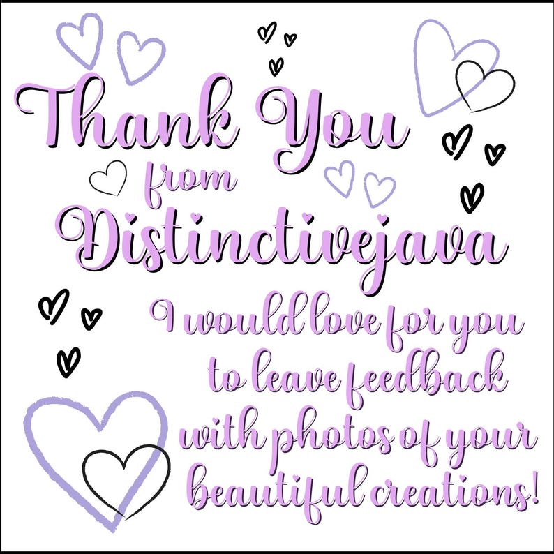 May include: A white background with the text "Thank You from Distinctivejava." The text is in a script font with a purple and black color scheme. The image also includes heart illustrations in black and purple.
