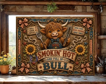 BBQ Cutting Board PNG, Cow Sublimation Design, Smokin Hot and Full of Bull, Highland Cow BBQ Kitchen Decor, Grill Humor Digital Download