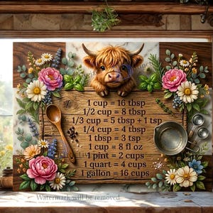 Puede incluir: Un letrero rectangular de conversión de cocina con una cabeza de vaca Highland marrón, fondo de madera y flores. El texto incluye: 1 cup = 16 tbsp, 1/2 cup = 8 tbsp, 1/3 cup = 5 tbsp + 1 tsp, 1/4 cup = 4 tbsp, 1 tbsp = 3 tsp, 1 cup = 8 fl oz, 1 pint = 2 cups, 1 quart = 4 cups, 1 gallon = 16 cups.