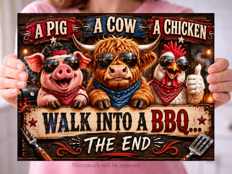 May include: A humorous BBQ-themed sign featuring a pig, cow, and chicken wearing sunglasses. The sign reads "A Pig, A Cow, A Chicken" above the characters and "Walk Into A BBQ... The End" below. The artwork is set against a rustic wooden background.