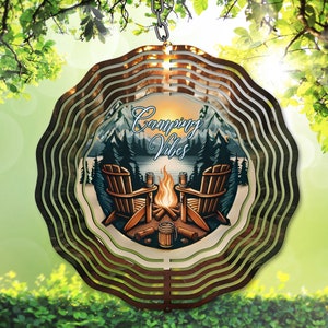 Molinillo de viento para acampar PNG, diseño de sublimación con ambiente de camping, descarga digital junto al lago, plantilla de molinillo de jardín, idea de regalo DIY para camping