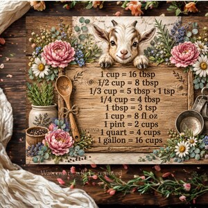 Op de afbeelding: Een rechthoekig houten bord met een geitje dat over de bovenrand kijkt. Het bord toont keukenmaten in zwarte tekst, omringd door illustraties van roze bloemen, madeliefjes, een houten lepel en metalen maatbekers.