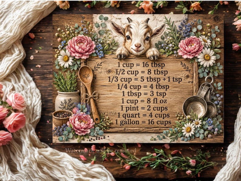 Op de afbeelding: Een rechthoekig houten bord met een geitje dat over de bovenrand kijkt. Het bord toont keukenmaten in zwarte tekst, omringd door illustraties van roze bloemen, madeliefjes, een houten lepel en metalen maatbekers.