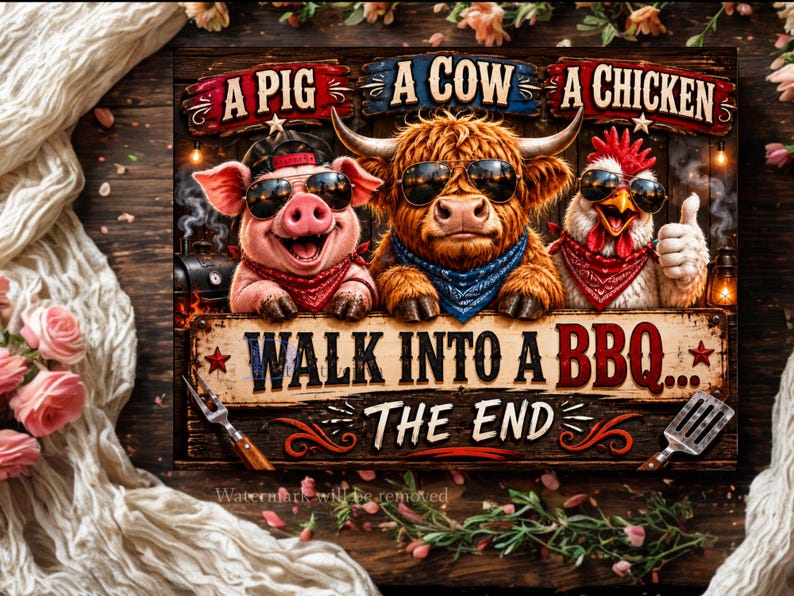 May include: A humorous sign featuring a pig, cow, and chicken wearing sunglasses and bandanas. The text reads "A Pig, A Cow, A Chicken" above and "Walk into a BBQ... The End" below. The image has a rustic, cartoonish style.