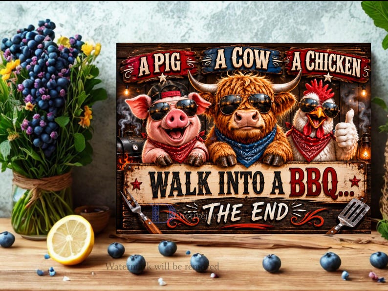 May include: A humorous sign with a pig, cow, and chicken wearing sunglasses and bandanas. The sign reads "A Pig, A Cow, A Chicken" above and "Walk Into A BBQ... The End" below, with a rustic, wooden design. Blueberries and a lemon are in the foreground.