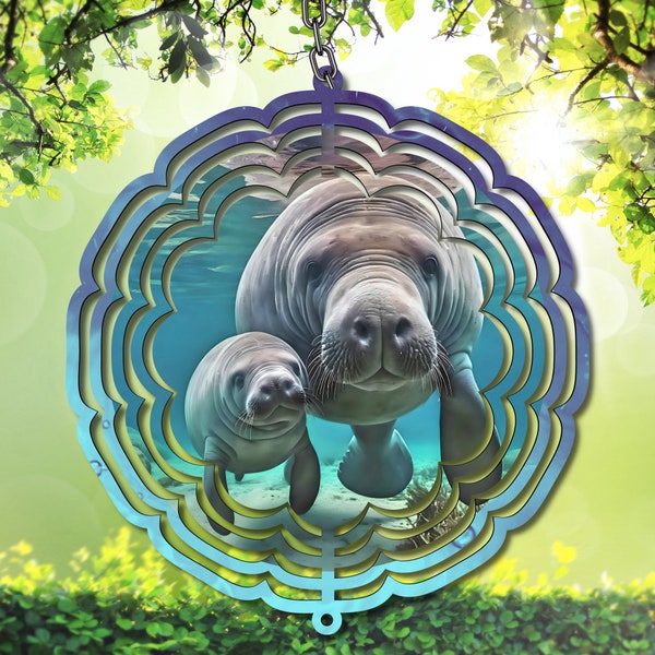 Manatee and Baby Wind Spinner PNG - Digital Download for Relaxing Ocean Vibes, Coastal Decor, Nautical Art, Sea Life, Marine Decor