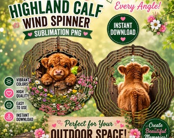 Highland Cow PNG / Wind Spinner PNG / Front Back png / Cow Sublimation / Double Sided / Spring Wind Spinner / DIY Gift Digital Download