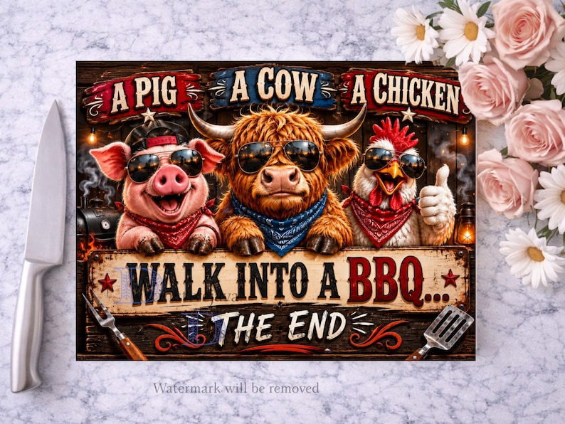 May include: A humorous sign featuring a pig, cow, and chicken wearing sunglasses and bandanas. The text reads "A Pig, A Cow, A Chicken, Walk Into A BBQ... The End." The image has a rustic, cartoonish style.