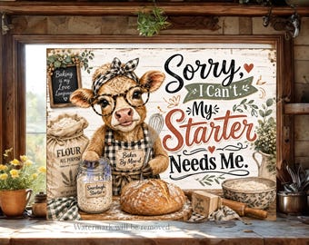 Sourdough Starter Cutting Board PNG, Highland Cow Baker Sublimation Design, Cottagecore Farmhouse Kitchen png, Bread Board Digital Download