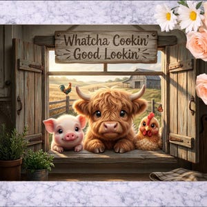 Highland Cow PNG / Funny Kitchen Chopping Board / Farm Animal Png / Sublimation Png / Whatcha Cookin Good Lookin / Pig Png Digital Download image 5