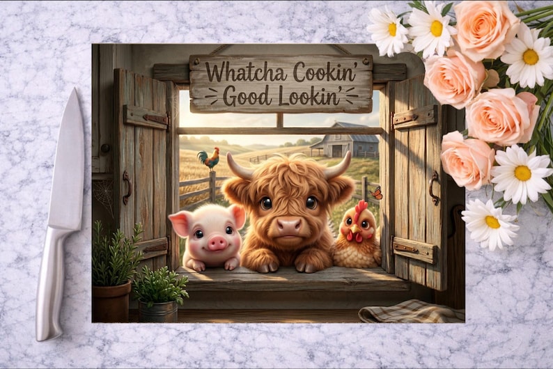 Highland Cow PNG / Funny Kitchen Chopping Board / Farm Animal Png / Sublimation Png / Whatcha Cookin Good Lookin / Pig Png Digital Download image 5
