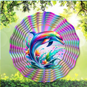 Delphin Wind Spinner, schillernder Delphin Sublimation PNG, Neon Delphin Garten Spinner Vorlage, Digitaler Download zum Thema Ozean, DIY Geschenk
