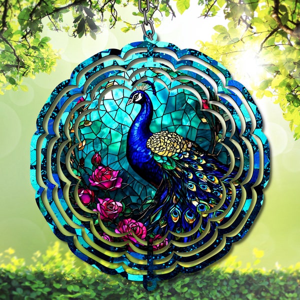 Stunning Stained Glass Peacock Wind Spinner PNG Digital Download - Sublimation Art, DIY Crafts, Home Decor - Vibrant Bird Design, Resizable