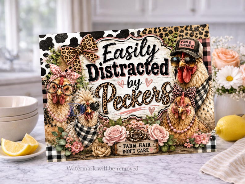 May include: A rectangular sign featuring four chickens wearing accessories like leopard print bows, glasses, and hats. The text reads Easily Distracted by Peckers and Farm Hair Don't Care. The design includes pink roses, leopard print, and buffalo plaid patterns.